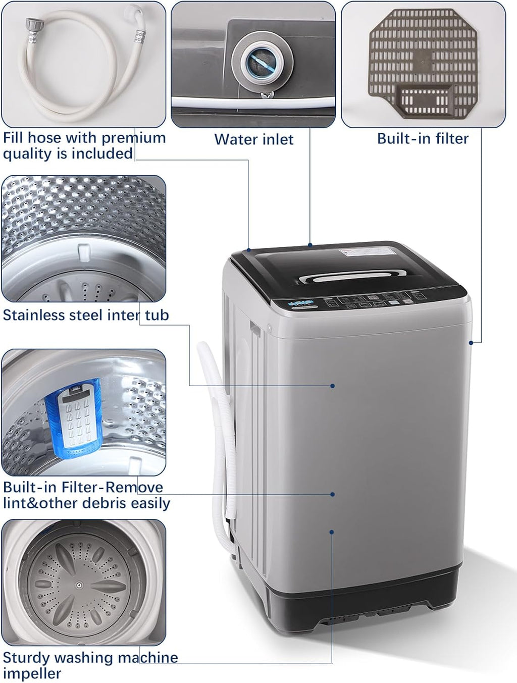 KRIB BLING 17.7 lbs Full Automatic Washing Machine with LED Display, lbs Portable Washer Drain Pump, 10 Programs & 8 Water Levels Selections, Ideal for RV, Kitchen Camping, Apartment, Dorm, Dark Grey