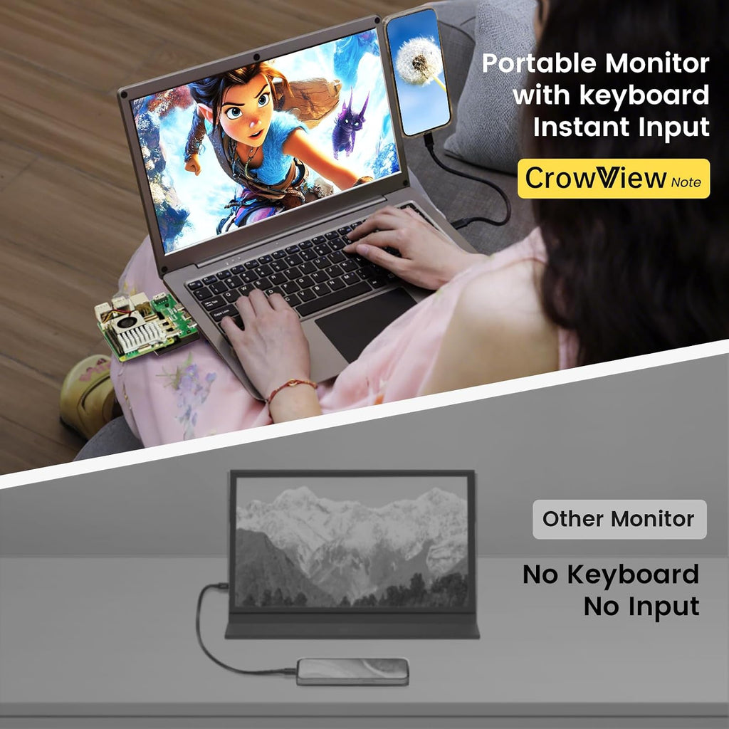 Portable Monitor with Keyboard,14inch 1080P FHD Lapdock Compatible with Raspberry Pi/Mini PC/Phone/PC/Game Console,CrowView Note Built-in Battery(Full Feature TypeC & HDMI Cable Included)