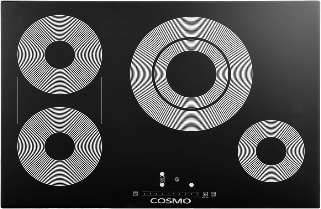 COSMO COS-304TBECC Electric Ceramic Glass Cooktop with 4 Burners, Dual Zone Element, Hot Surface Indicator Light and Touch Controls, 30 inch, Black