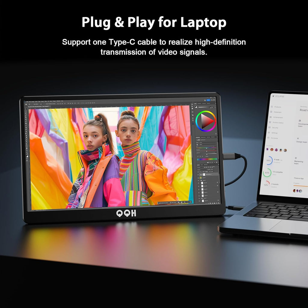 QQH Portable Monitor, 15.6' Portable Travel Monitor for Laptop 1080P FHD IPS Second Screen, USB C HDMI External Gaming Monitor Display for Computer Phone PC PS4 PS5 Xbox Switch (Z1-9)