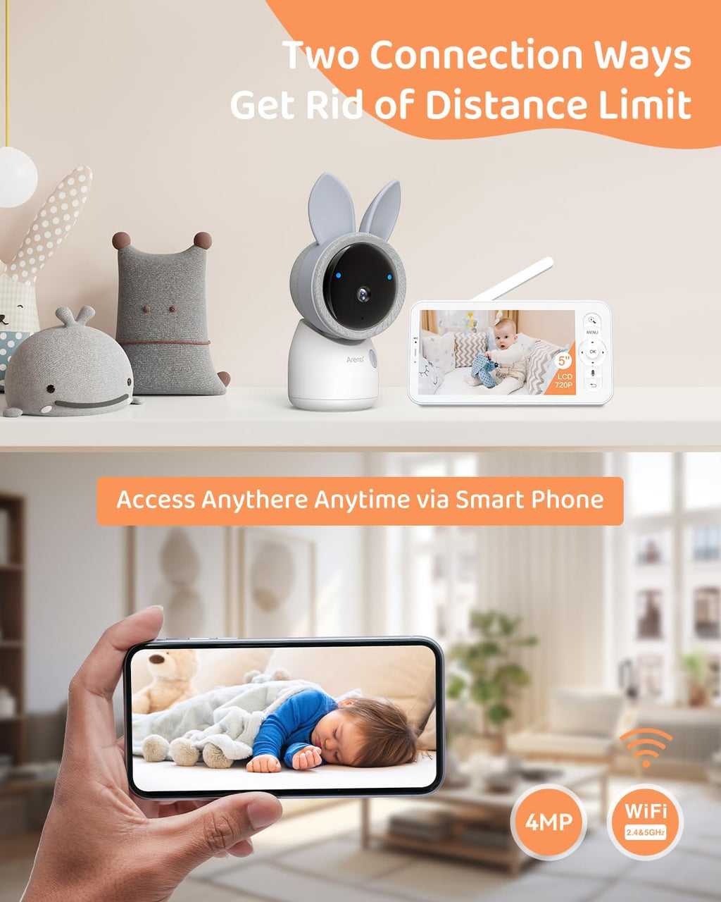 ARENTI Upgraded Baby Monitor with 2 Cameras, 4MP 2.4G&5G WiFi Baby Camera Monitor, Infrared Night Vision, Night Light, 2-Way Audio, Cry&Motion Detection, Temp&Humidity Sensor, App Control