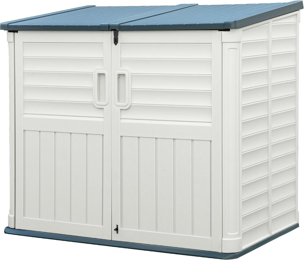 Greesum Outdoor Trash Can Storage Shed, 34 Cu.ft Waterproof Horizontal Storage Shed, Portable Horizontal Resin Storage Shed for Garden, Backyard, Patio, White