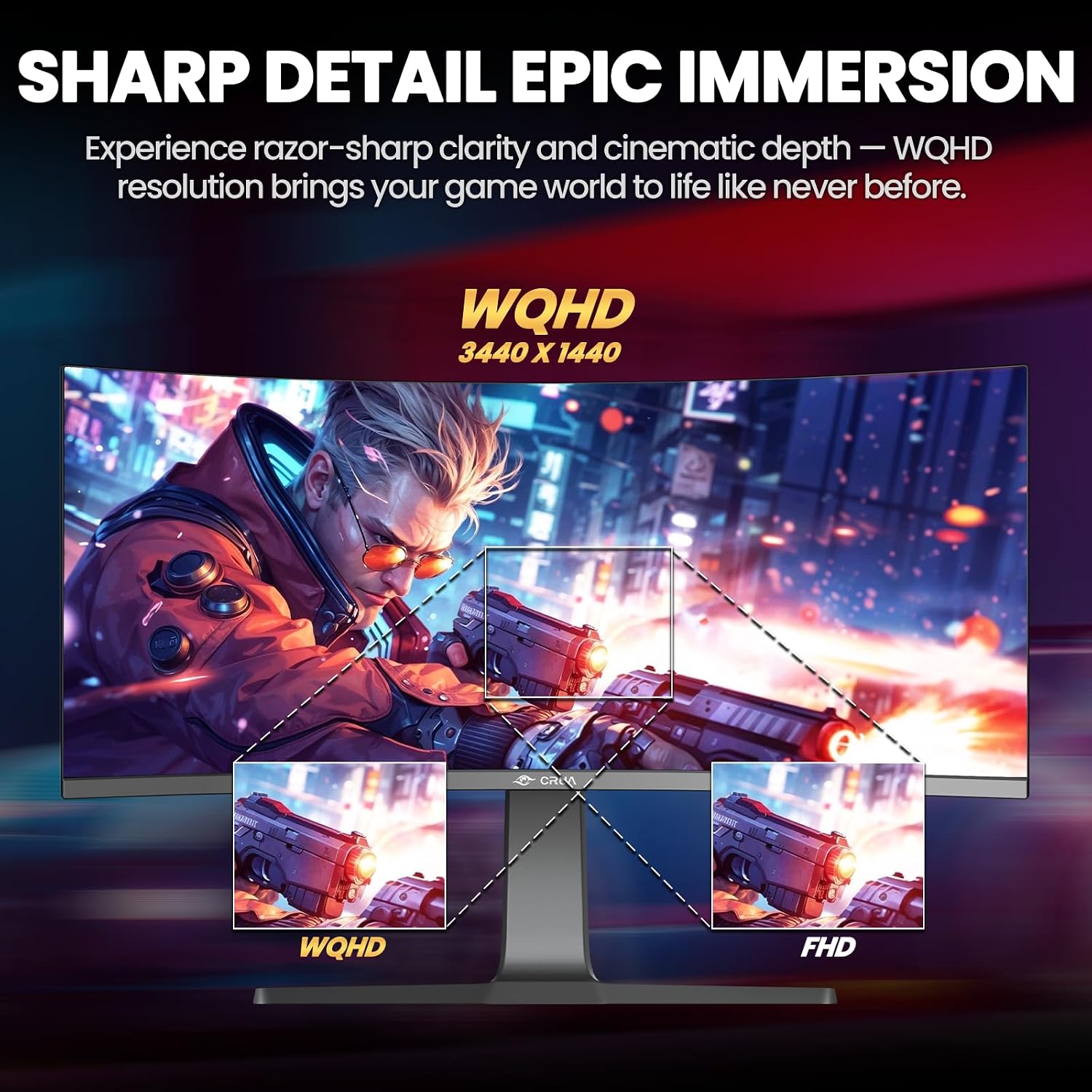 CRUA 34' Curved Gaming Monitor, IPS WQHD(3440x1440P) 120Hz 1900R 21:9 UltraWide PC Display, 130% sRGB, AMD FreeSync, Blue Light Filter, HDMI/DP Ports, Wall Mountable Installs– Black