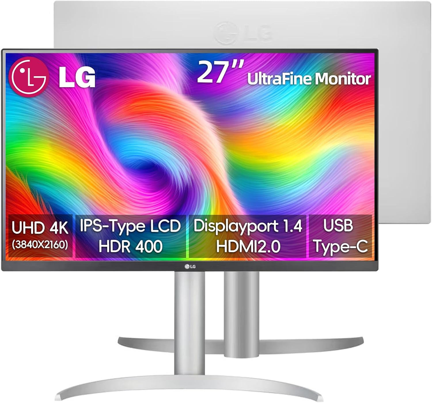 LG 27 inch 4K UHD (3840x2160) Ultrafine IPS Computer Monitor, VESA DisplayHDR 400, 5ms, 95% DCI-P3, Dynamic Action Sync, USB Type-C 90W PD, HDMI, DisplayPort, Height/Tilt/Pivot Adjustable Stand