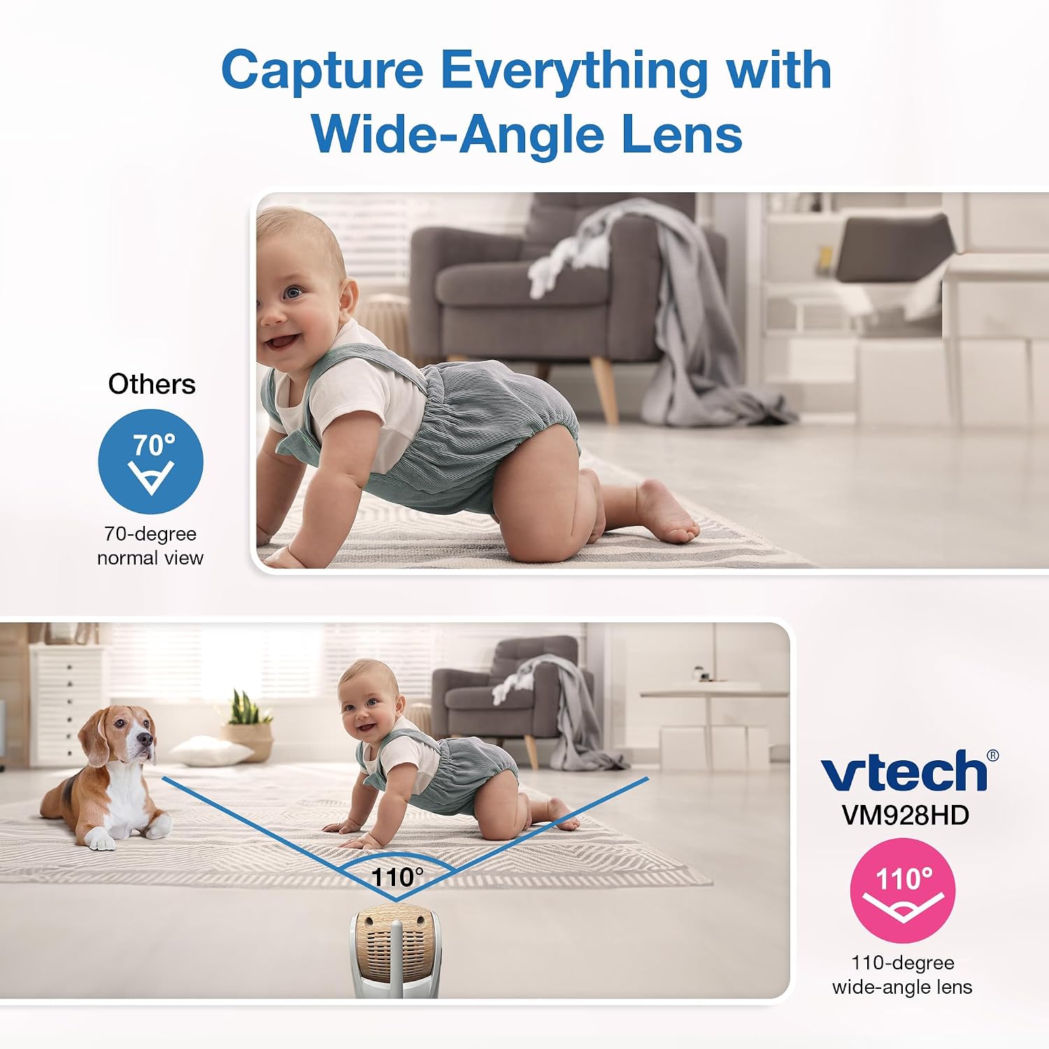 VTech VM928-2HD 5' 720p HD Display 2 Cameras Baby Monitor,110 Wide Angle View,Remote Pan-Tilt-Zoom,Night Vision,Up to 1000ft Range,Temperature Sensor,9 Soothing Sounds & Lullabies,2-Way Talk,No WiFi