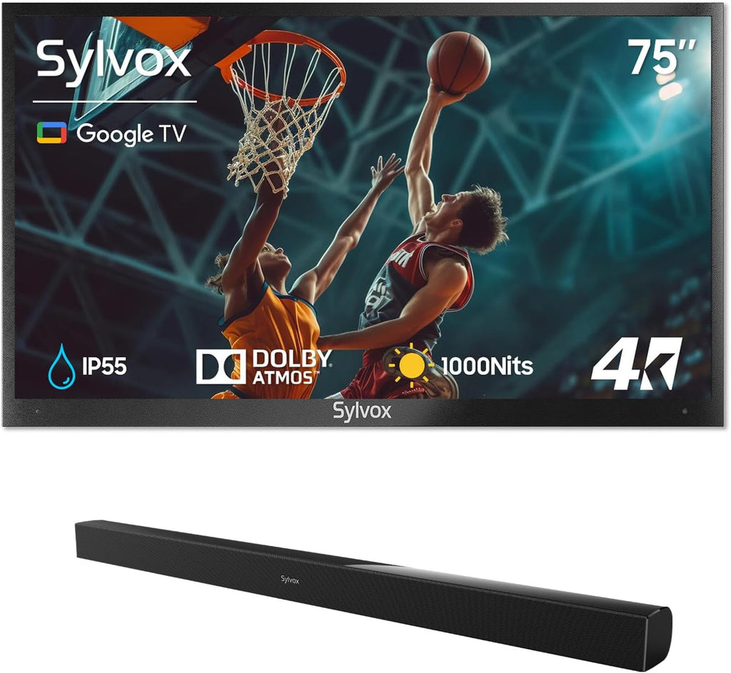 SYLVOX 75' Outdoor TV + S2 Soundbar Bundle, 4K HDR Waterproof Smart TV (Deck Pro 3.0) with 60W Outdoor Soundbar, Bluetooth, 1000 Nits, Voice Remote, for Patio & Backyard