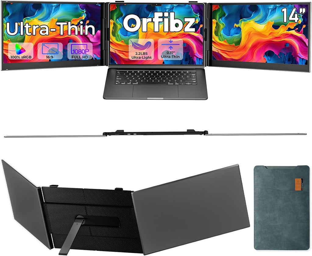 Laptop Screen Extender Ultra Thin, 14' FHD 1080P Triple Portable Monitor for Laptops 13-17.3', 2.2 LB Lightweight Laptop Monitor Extender with USB-C/HDMI Port, Plug-Play for Mac/Windows/PS5/Android