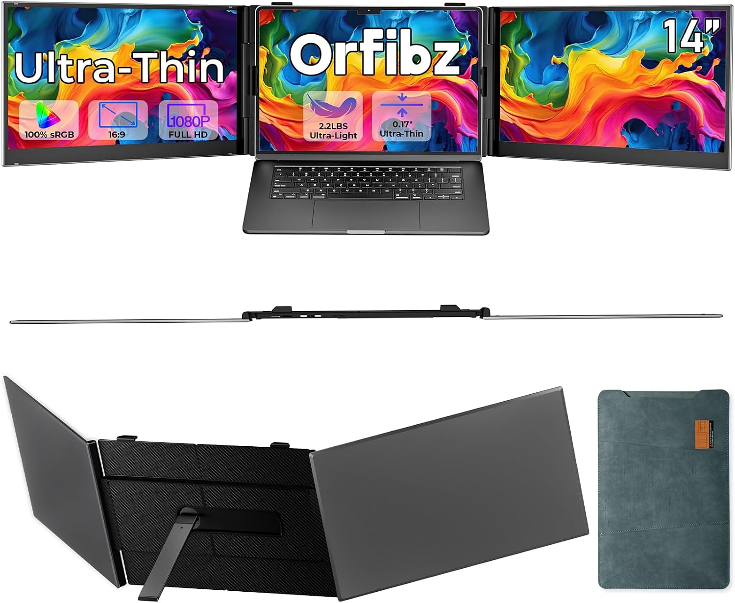Laptop Screen Extender Ultra Thin, 14' FHD 1080P Triple Portable Monitor for Laptops 13-17.3', 2.2 LB Lightweight Laptop Monitor Extender with USB-C/HDMI Port, Plug-Play for Mac/Windows/PS5/Android