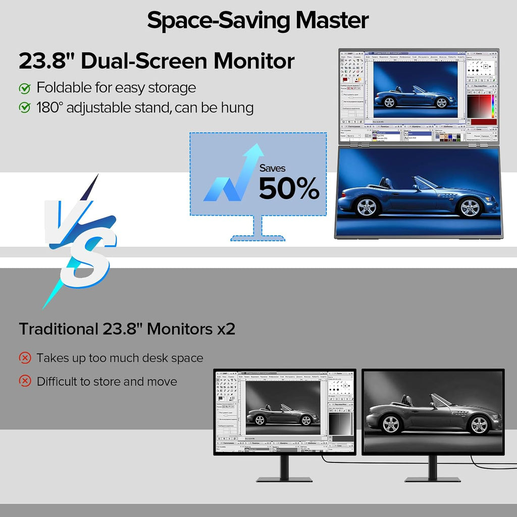 UPERFECT Delta 23.8' 100Hz Portable Dual Monitor for Laptop Screen Extender, 1080P HDR 360° Folding Stacked Triple Monitor with Stand & VESA for Laptop PC Phone Game Console (No Driver Needed)