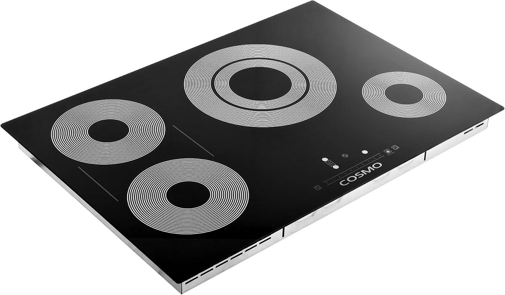 COSMO COS-304TBECC Electric Ceramic Glass Cooktop with 4 Burners, Dual Zone Element, Hot Surface Indicator Light and Touch Controls, 30 inch, Black
