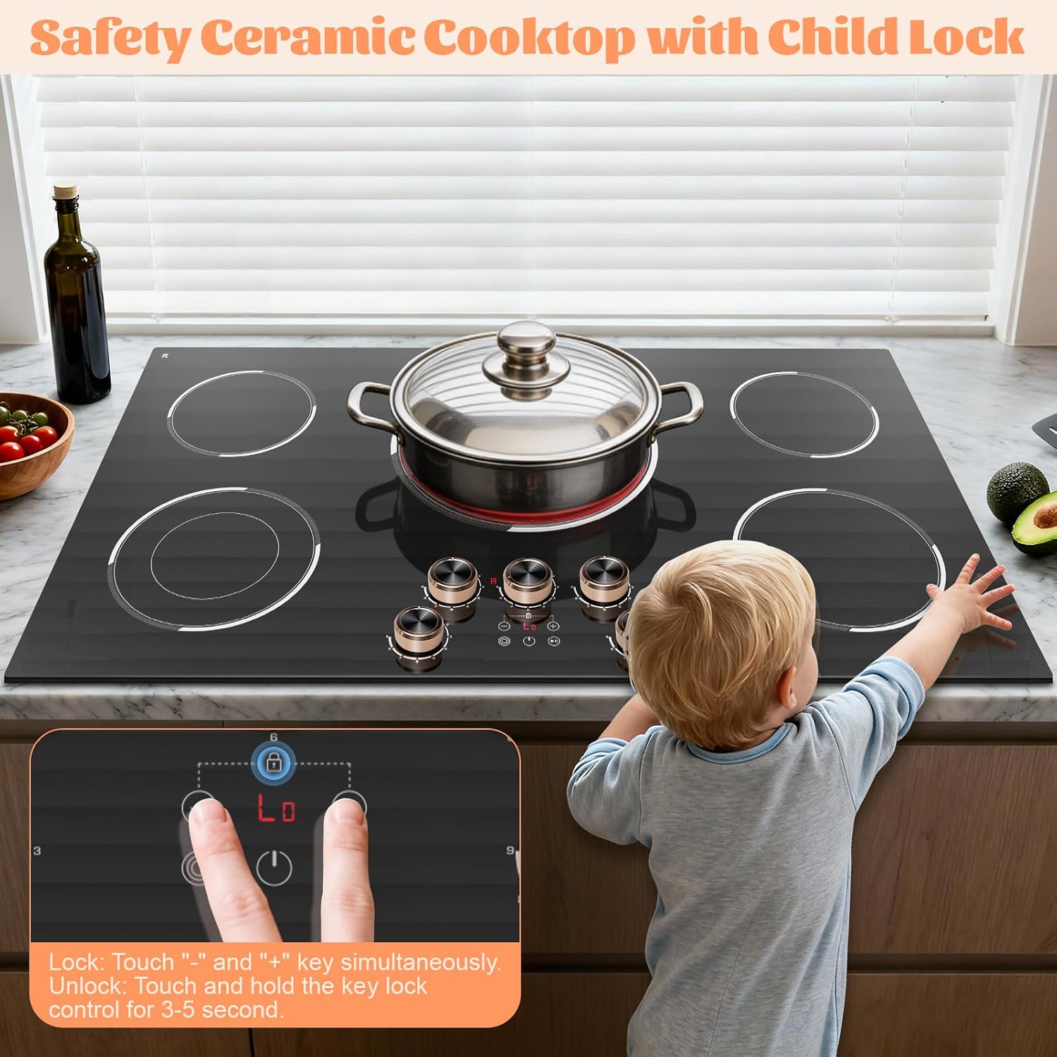 36 Inch Electric Cooktop 220V, 9200W Powerful 5 Burner Electric Stove Top, Built-in Ceramic Cooktop 36' with Dual/Triple Ring Burner, Knob & Touch Control, Safety Lock, 220-240V Hard Wire