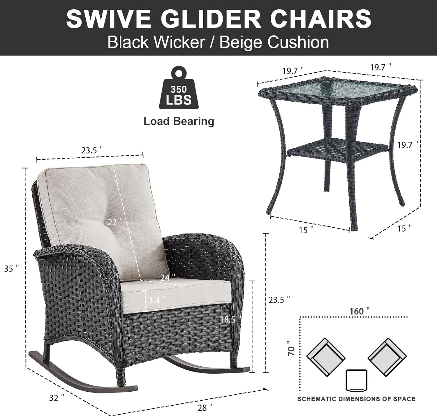 Belord Patio Rocking Chairs Wicker Set - Outdoor Rocking Chairs Set of 2 with Side Table, 3 Piece Patio Rocker Furniture Set with Water-Resistant Cushions for Porch Balcony Backyard Black