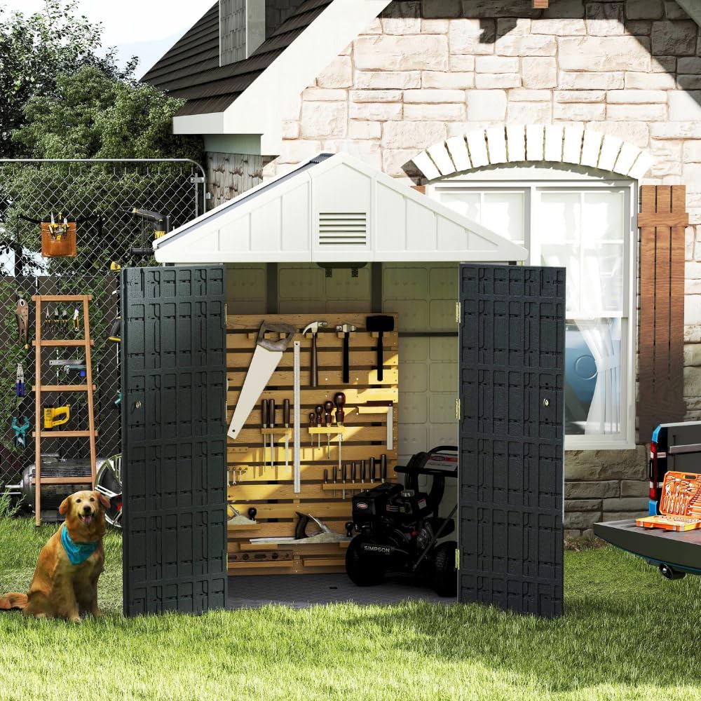 Kingdura 6x4 FT Resin Outdoor Storage Shed with Reinforced Floor, All-Weather Resistant Plastic Garden Outside Bike Tool Shed with Lockable Doors, Window for Backyard Patio Poolside