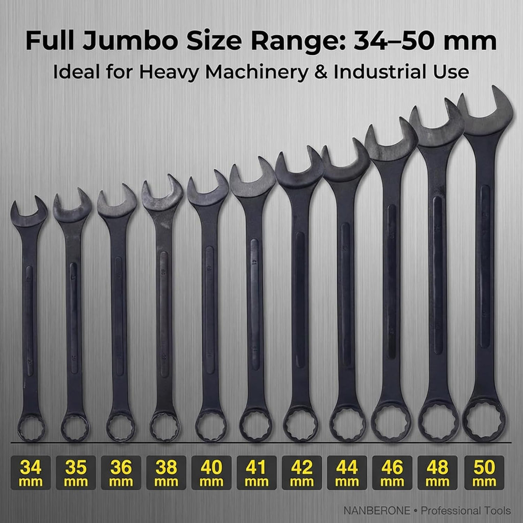 11PC Jumbo Combination Wrench Set, Metric 34–50mm, Heavy-Duty Cr-V Steel, Black Oxide Finish, Full-Range Large Wrench Kit with Storage Pouch