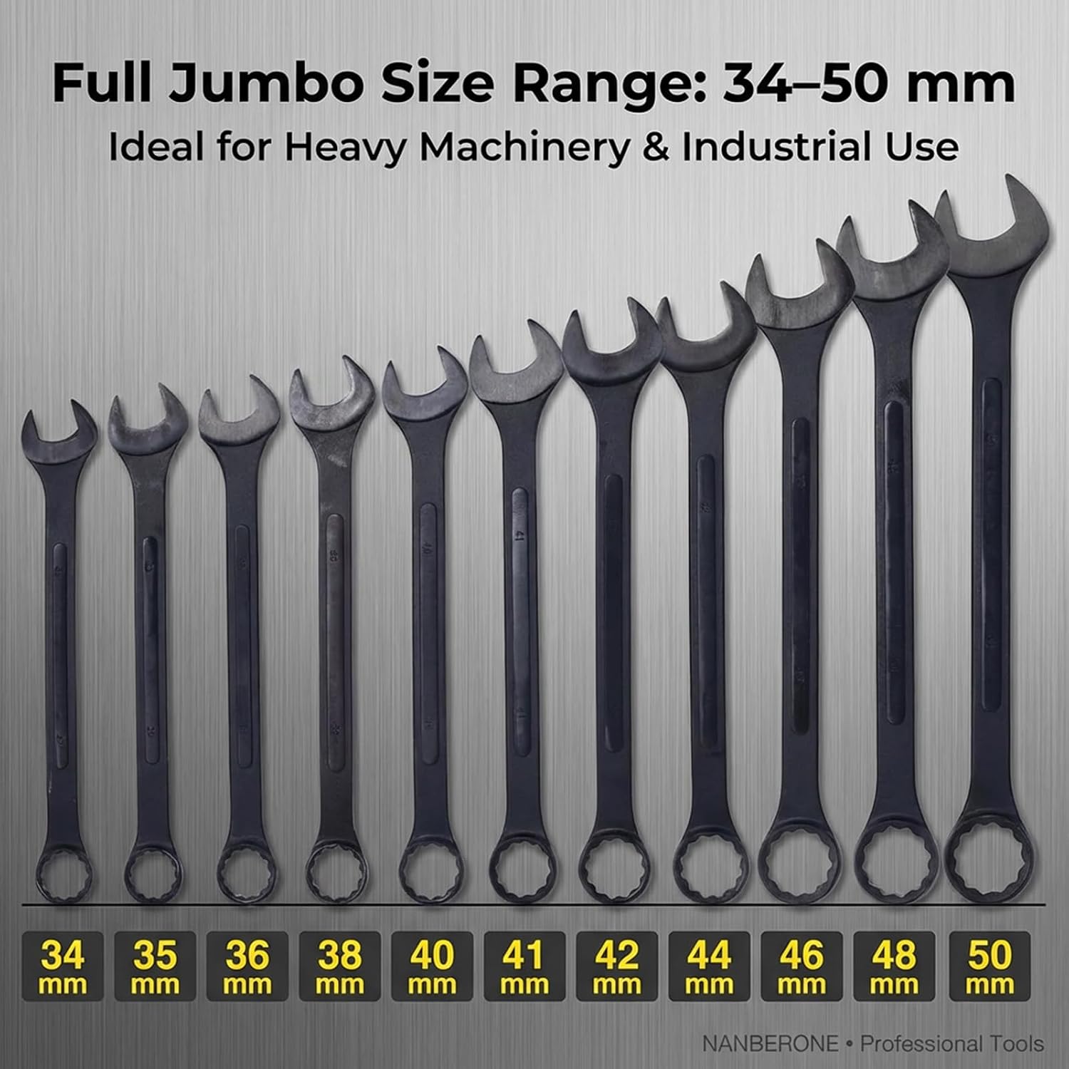 11PC Jumbo Combination Wrench Set, Metric 34–50mm, Heavy-Duty Cr-V Steel, Black Oxide Finish, Full-Range Large Wrench Kit with Storage Pouch