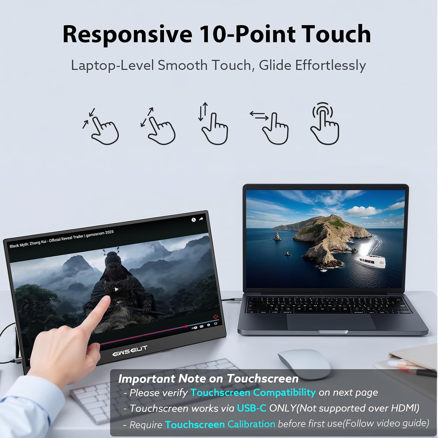 Portable Monitor Touchscreen 15.6'' FHD 1080P USB-C HDMI Ultra-Slim Gaming Display, Built-in Stand Speakers HDR IPS,for Laptop PC Mac Phone PS4/5 Travel Monitors (1080p Touchscreen, 15.6')