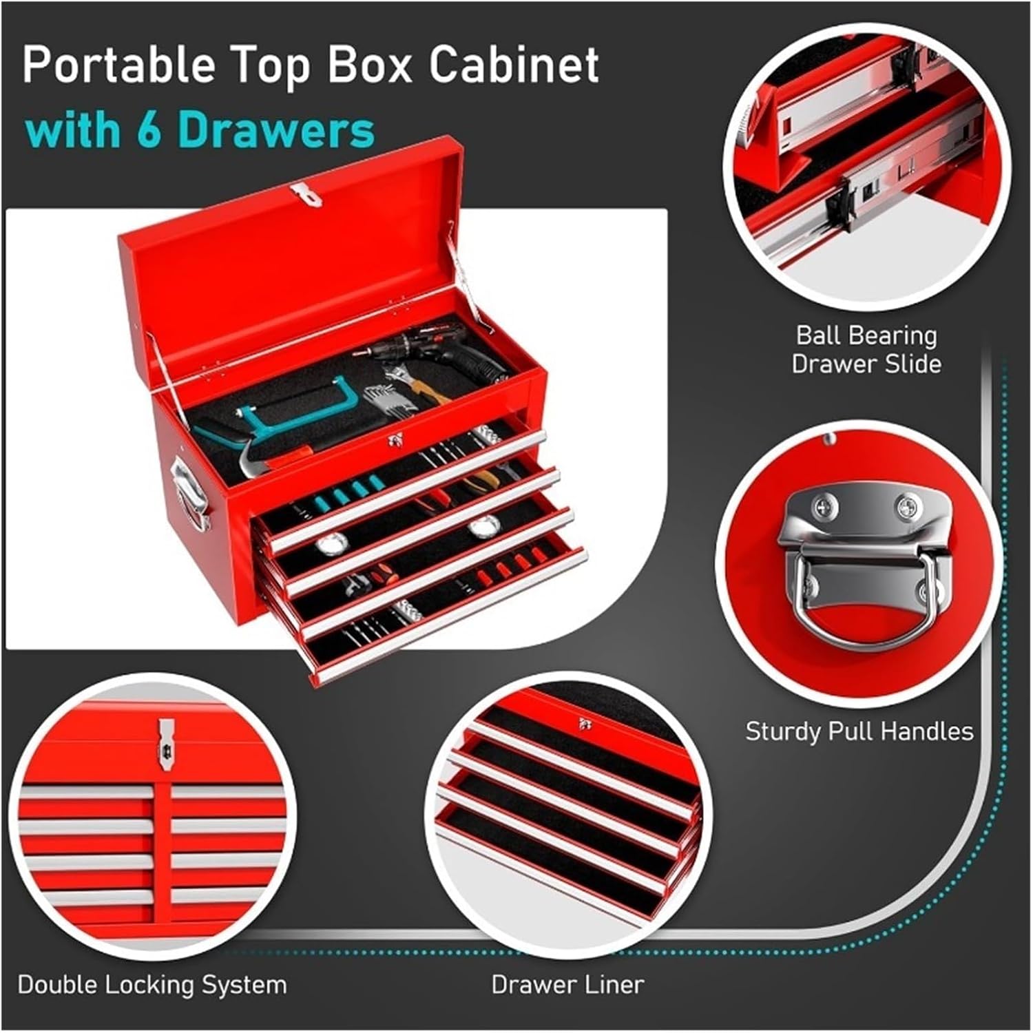 Tool Box Portable Rolling Tool Chest with Detachable Top Box and Lockable Wheels | Heavy Duty Tool Cabinet with Drawer Liners, for Garage, Warehouse & Repair Shop Tool Storage(Red)