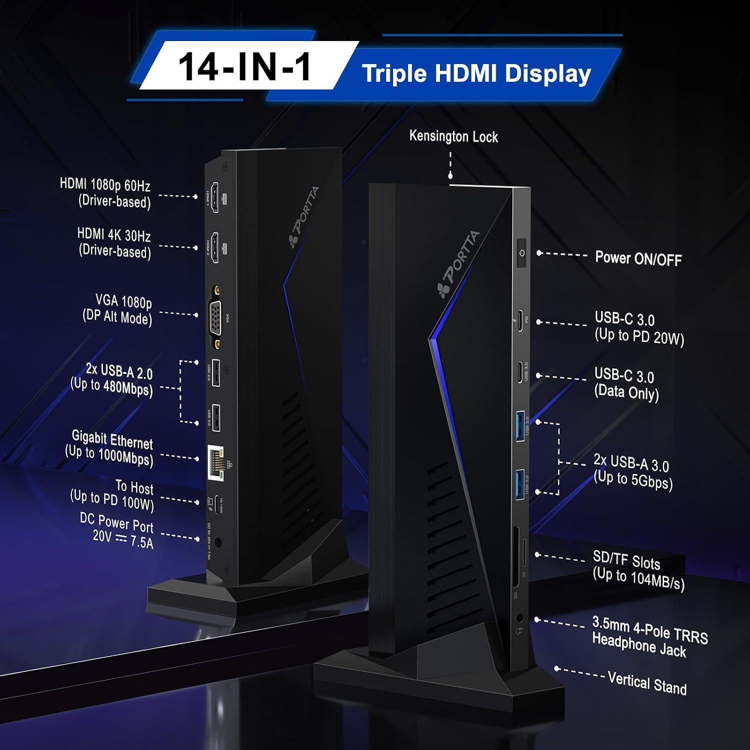 PORTTA 14 in 1 Docking Station Dual Monitor up to 4K 30 w/ 150W Power Adapter, HDMI x2, USB x6, VGA, RJ45, SD/TF, 100W PD, Audio/Mic, Compatible with macOS/Windows SST/MST, Driver Required