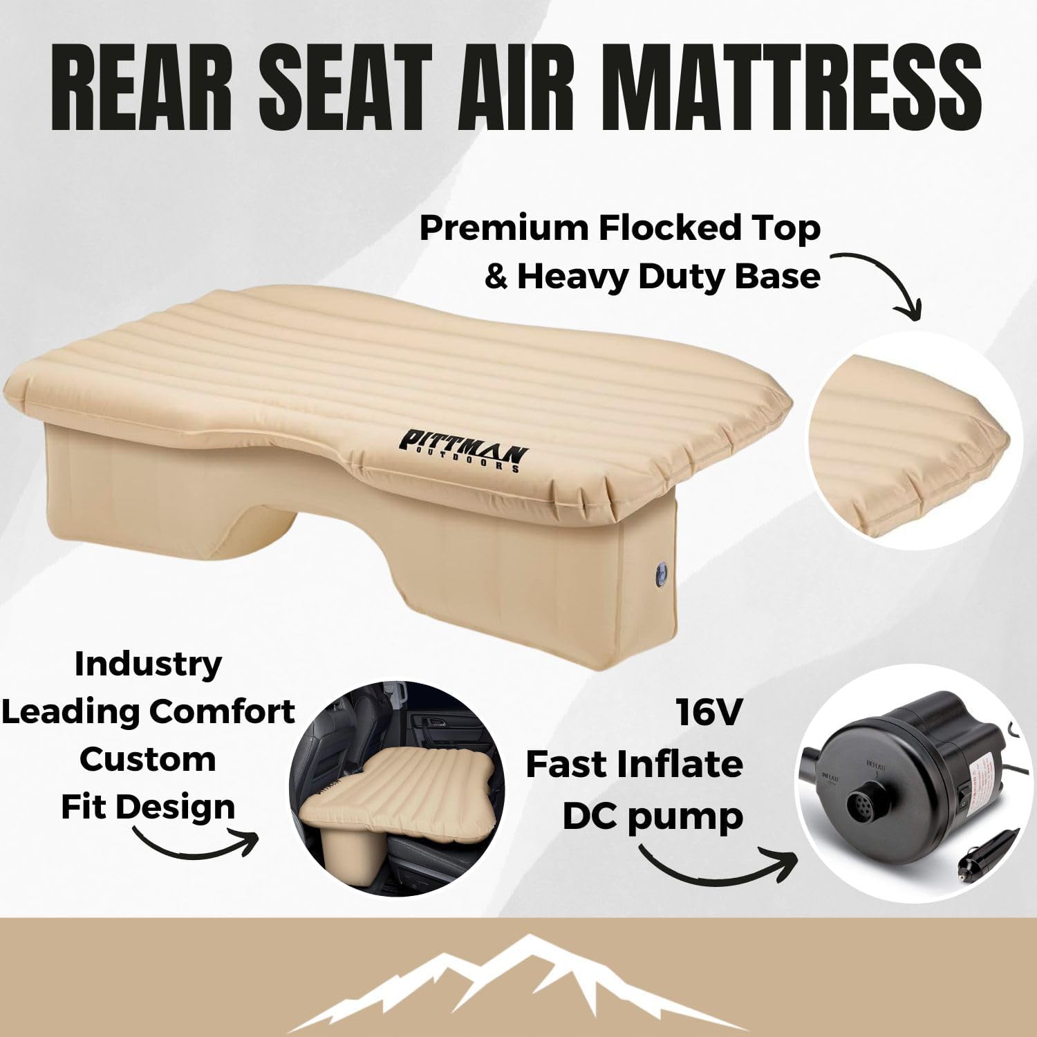 Pittman Outdoors Backseat Bed Air Mattress – 60' Rear Seat Air Mattress for Trucks, Vans & Large SUV – Includes Pump, Pillow & Storage Bag – Inflatable Back Seat Air Mattress – Tan