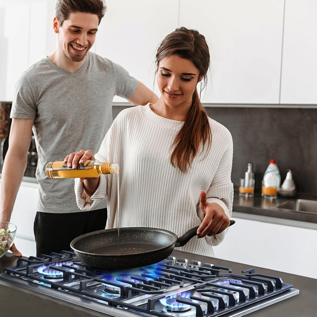 AMZCHEF 36 inch Gas Cooktop with 5 Made in Italy SABAF Power Burners.Max 48300 BTU/hr Built-in Gas Stove top of 304 Stainless steel with Double Sided griddle,NG/LPG Convertible,ETL.