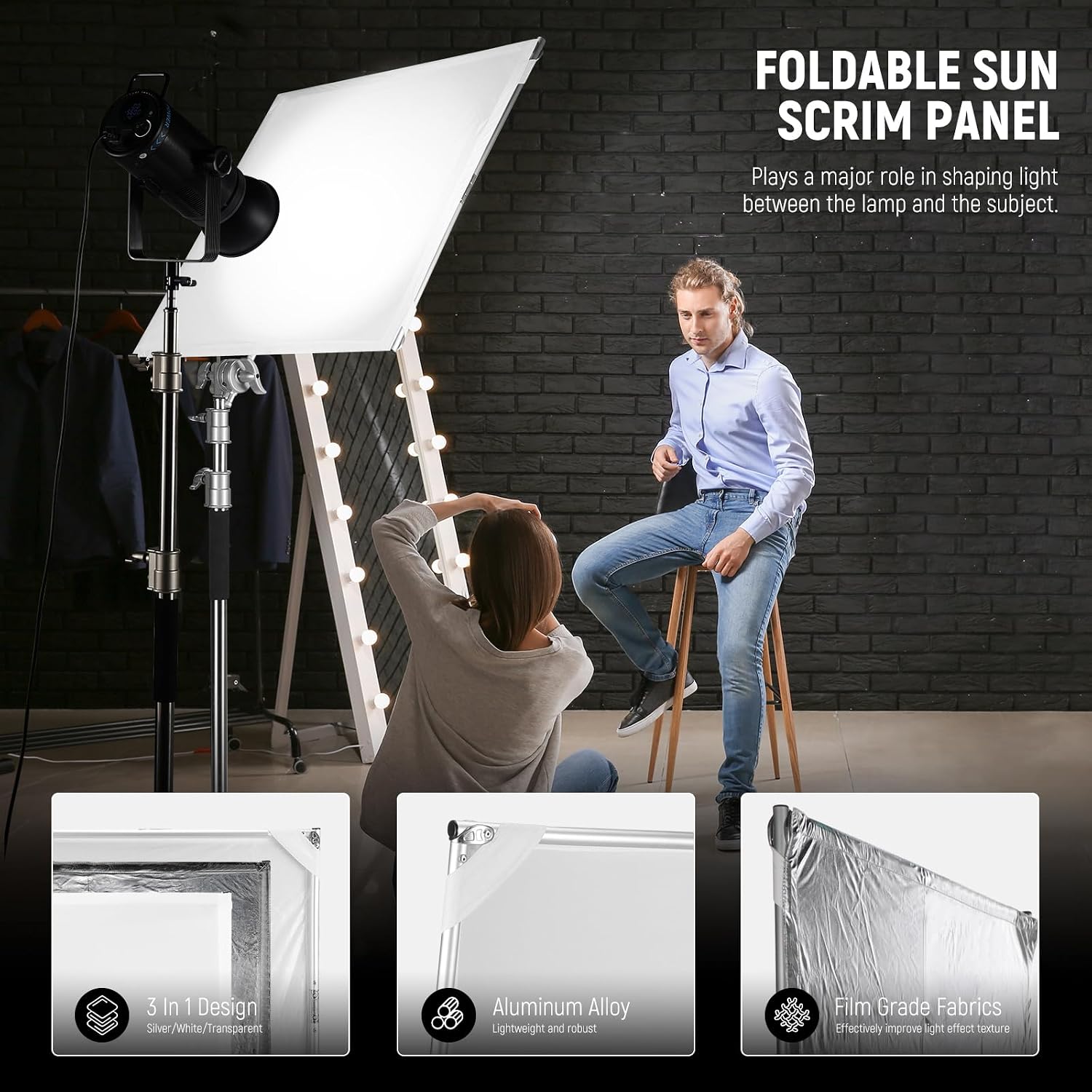 NEEWER Light Diffusion Panel Scrim Kit with Silver/White Reflector Film 35'x35' Foldable Frame with 5/8' Baby Pins Handle for C Stand 3 in 1 Diffuser for Studio Portrait Product Photography, SF9090F