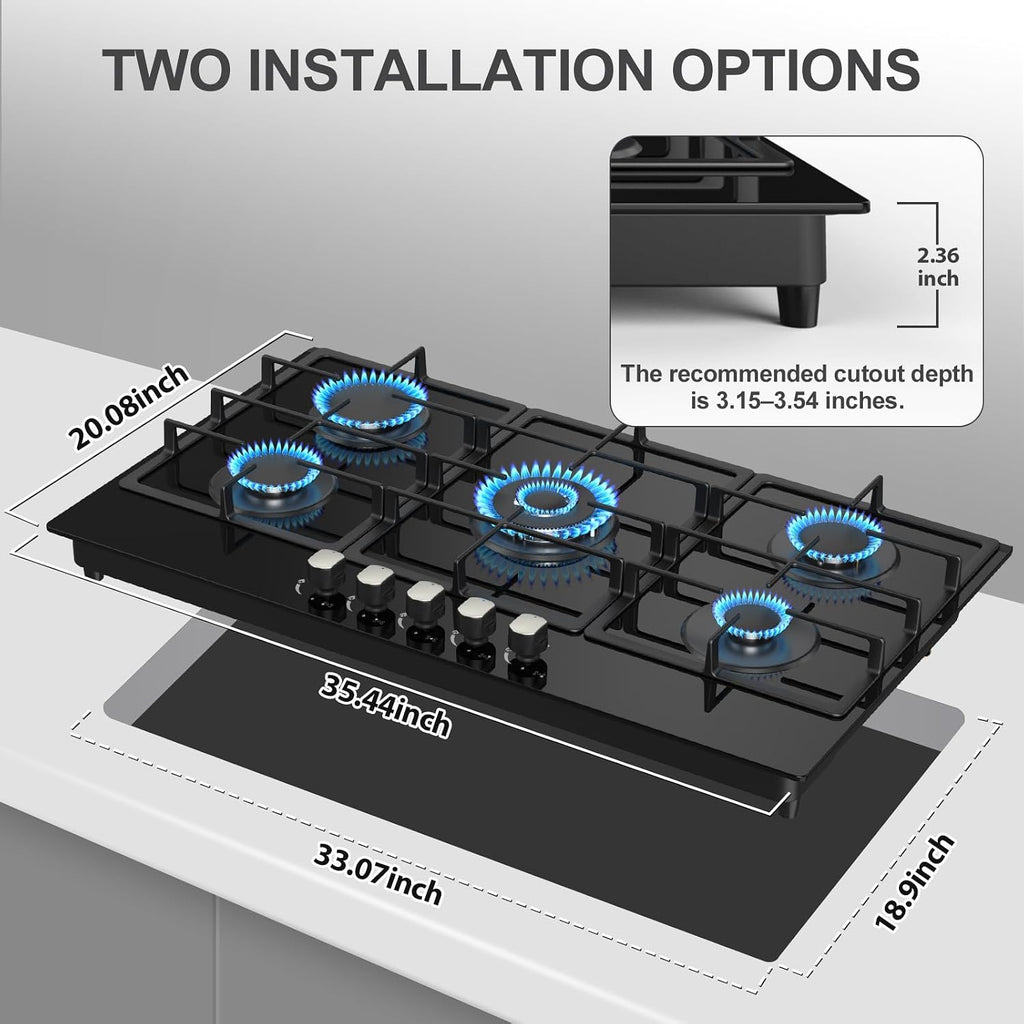 36 Inch Gas Cooktop Propane Stove, 5 Burner Built-in Gas Stove Top with Tempered Glass Panel, NG/LPG Dual Fuel Auto Ignition Propane Cooktop with Thermocouple Protection