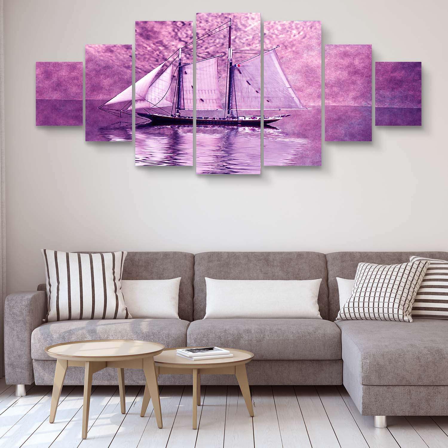 Startonight Large Canvas Wall Art - With the Boat to an Unknown Purple World - Huge Framed Modern Set of 7 Panels 40' x 95'