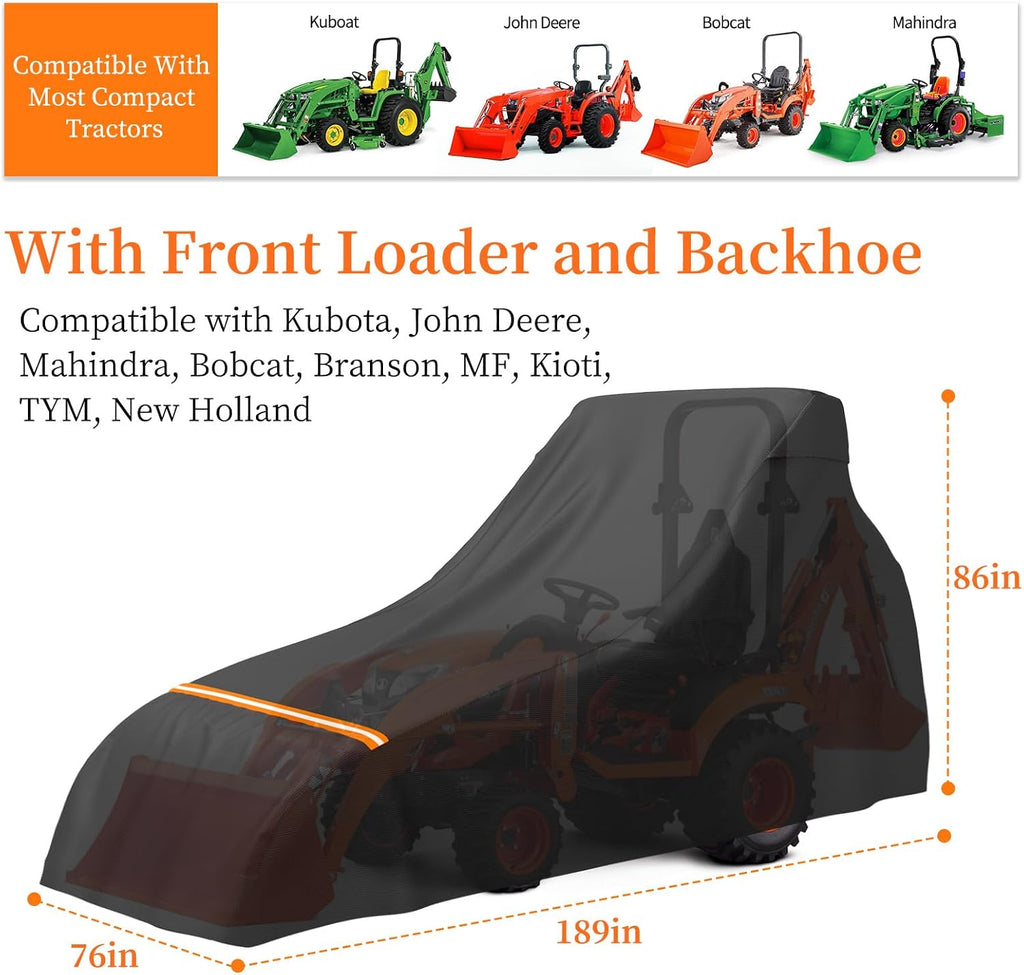 STARTWO Full Tractor Cover Waterproof Heavy Duty, Universal Fits Most Compact Utility Tractors with Backhoe, UV Protection, Dustproof, with Air Vents & Reflective Strips,189 L x 76 W x 86 H in