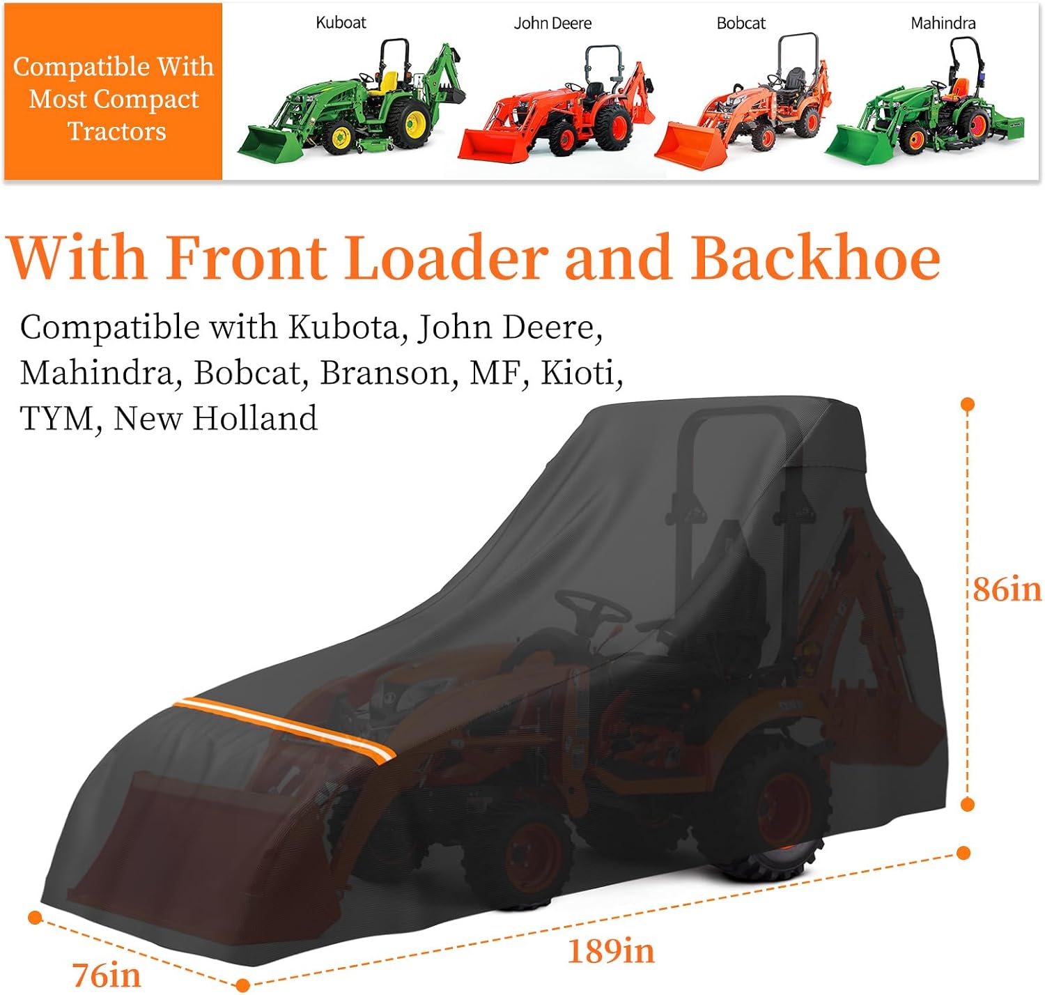 STARTWO Full Tractor Cover Waterproof Heavy Duty, Universal Fits Most Compact Utility Tractors with Backhoe, UV Protection, Dustproof, with Air Vents & Reflective Strips,189 L x 76 W x 86 H in