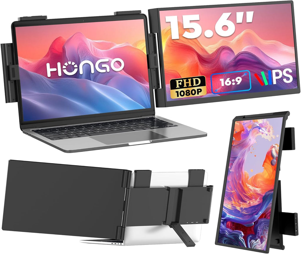 HONGO Laptop Screen Extender, 15.6' FHD 1080P Dual Monitor, Laptop Monitor Extender for 14'-16' Laptops, Second Screen with USB-C/HDMI Port, Plug n Play for Windows/Mac/Android/Switch/PS5