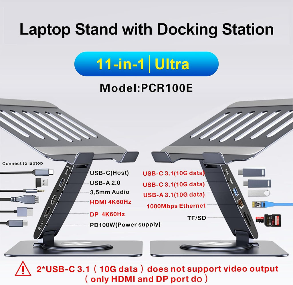 Laptop Docking Station Stand 11-IN-1 Triple Display HDMI DP 4K60Hz Gigabit Ethernet USB3.1 PD100W SD/TF Card Reader Audio 360°Swivel Laptop Stand with USB Hub for MacBookPro/Air/Dell/HP/Surface/Lenovo