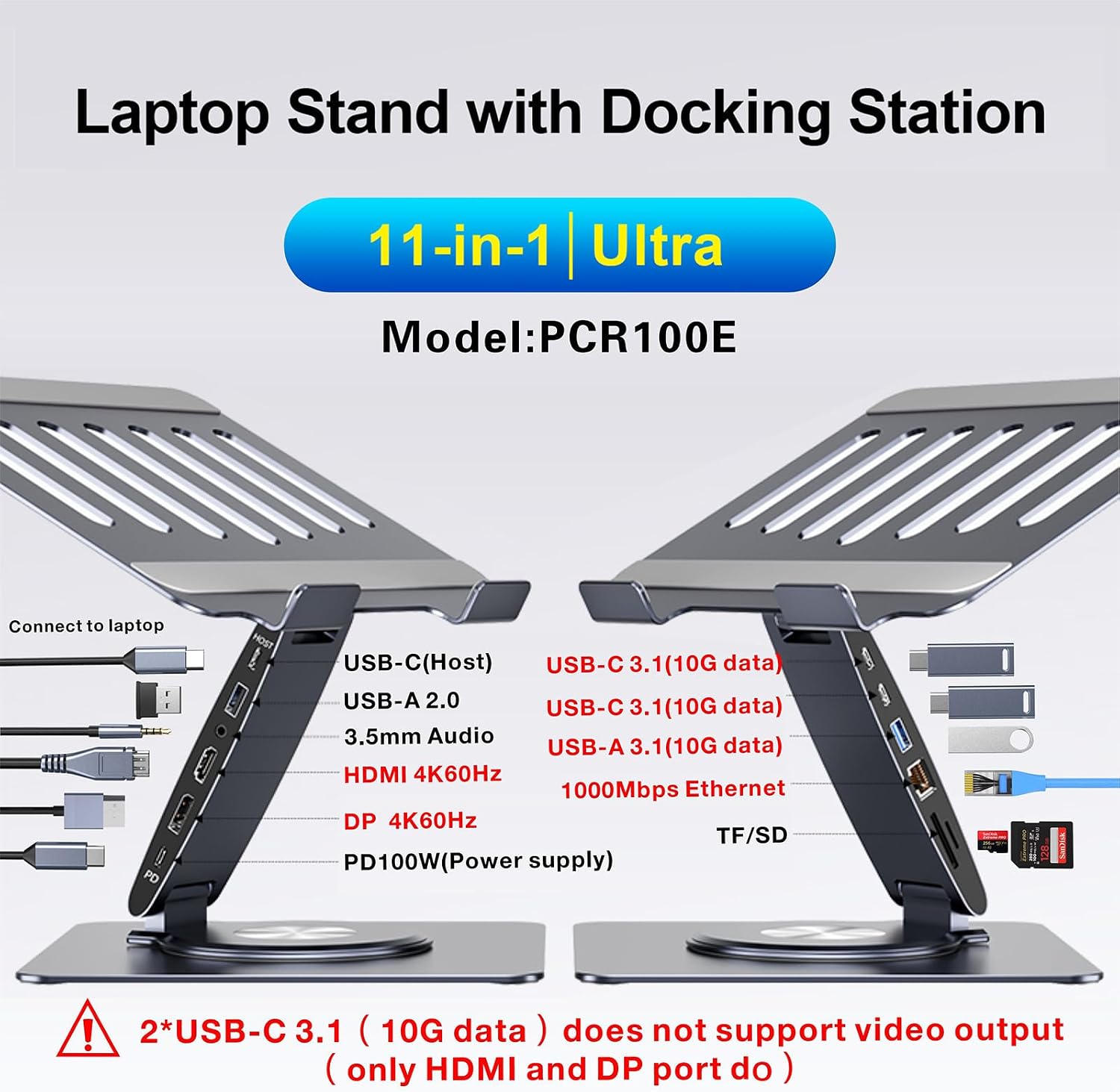 Laptop Docking Station Stand 11-IN-1 Triple Display HDMI DP 4K60Hz Gigabit Ethernet USB3.1 PD100W SD/TF Card Reader Audio 360°Swivel Laptop Stand with USB Hub for MacBookPro/Air/Dell/HP/Surface/Lenovo