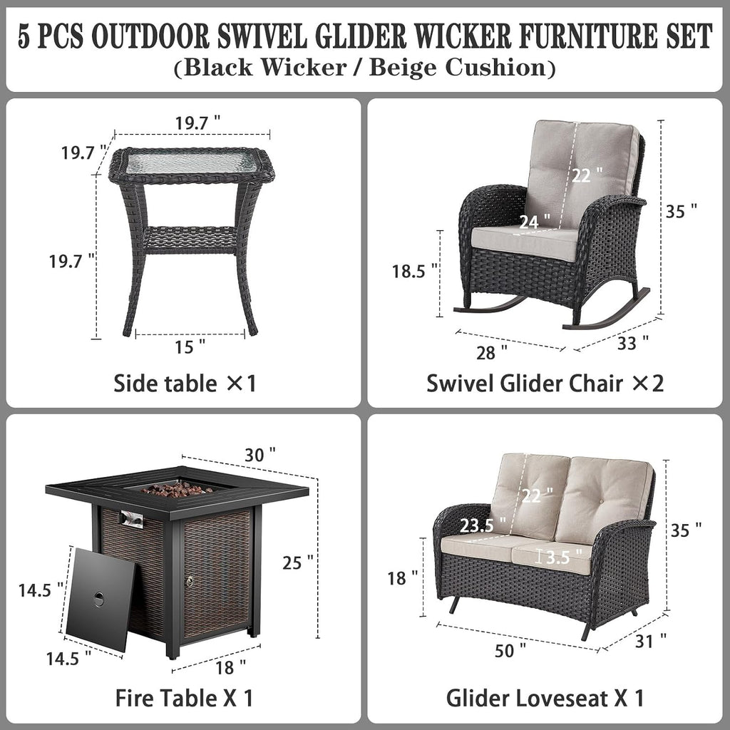 Belord 5 Pieces Patio Furniture Set with 50000 BTU Propane Fire Pit Table, All-Weather Patio Rocking Chairs, Loveseat Glider and Side Table for Outdoor Conversation Deck Backyard Poolside Black
