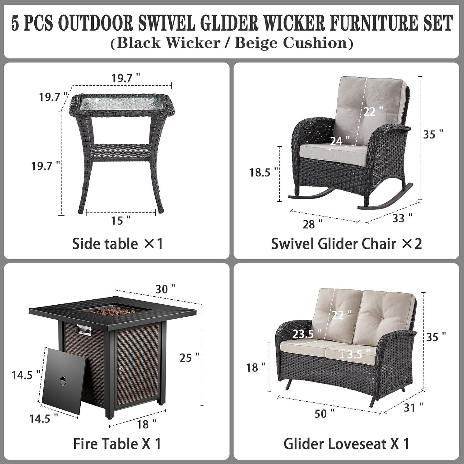 Belord 5 Pieces Patio Furniture Set with 50000 BTU Propane Fire Pit Table, All-Weather Patio Rocking Chairs, Loveseat Glider and Side Table for Outdoor Conversation Deck Backyard Poolside Black