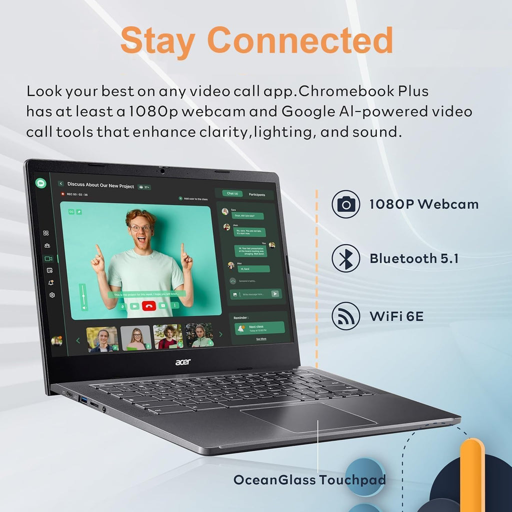 acer Chromebook Plus 514, 14' FHD Touchscreen Laptop, Intel 8-Core i3-N305, 8GB RAM, 512GB SSD, Chrome OS, Long Battery Life, High-End Business/Luxury Gift