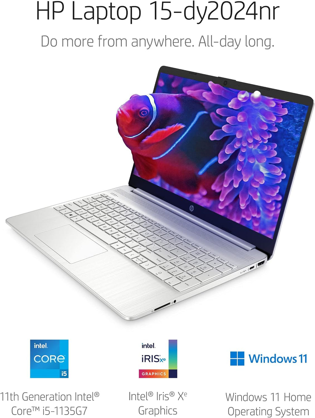 HP 15.6 Inch Laptop, Intel Iris Xe Graphics, 11th Generation Intel Core Processor, 8 GB RAM, 256 GB SSD, Windows 11 Home (15-dy2024nr, Natural Silver)
