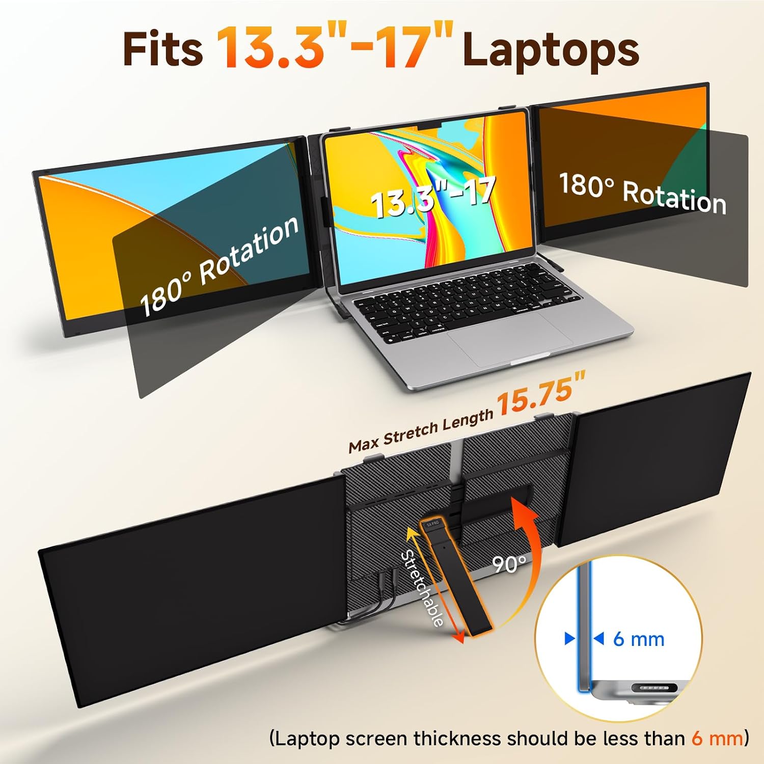 ROYY 14' Double Laptop Screen Extender, 0.18' Ultra-Thin Portable Monitor, FHD 1080P Dual Computer Screen, Plug & Play USB-C/HDMI/H5, Travel Monitor Compatible with Windows, Mac, Android, Switch, PS5