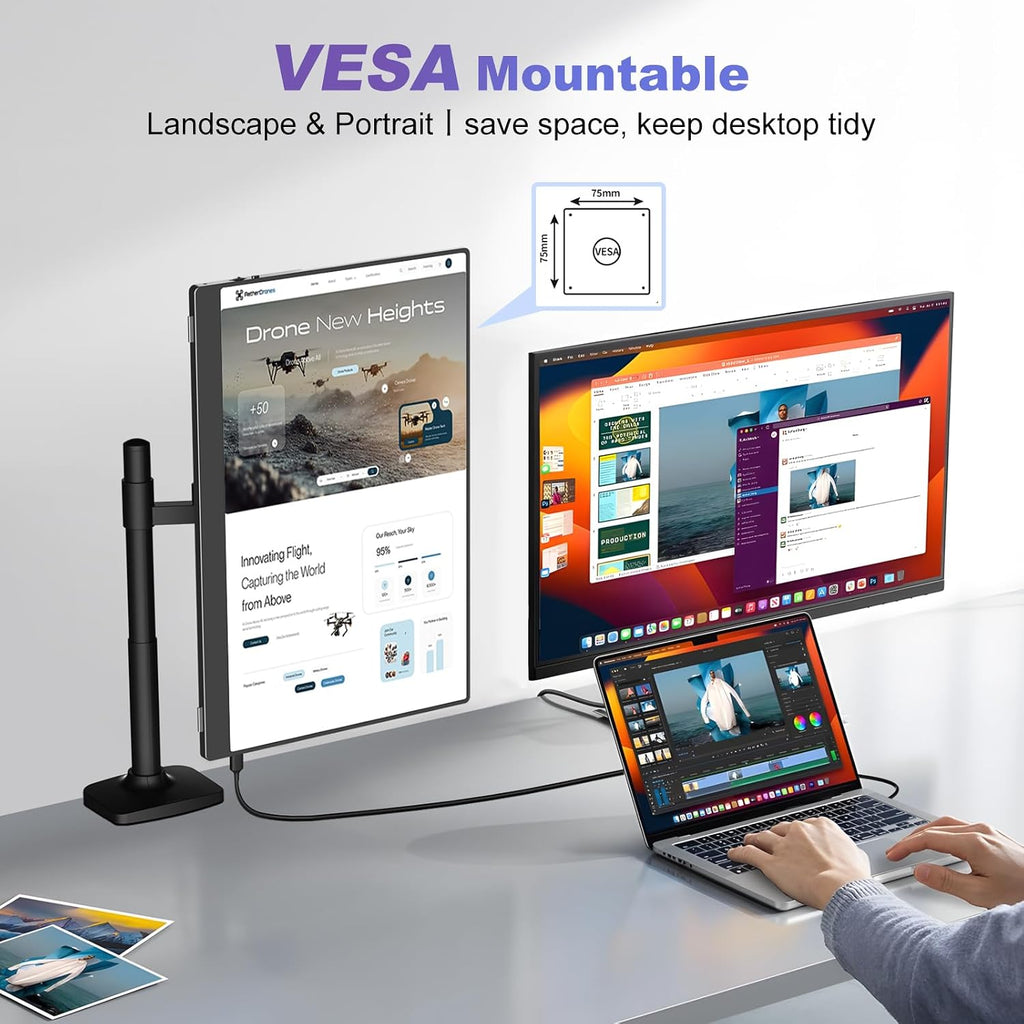 18.5 Inch Portable Monitor, FHD 120Hz IPS HDR 125% sRGB USB-C HDMI External Travel Monitor with Built-in Speakers, VESA Compatible for Laptop MacBook PC Surface PS5 Xbox