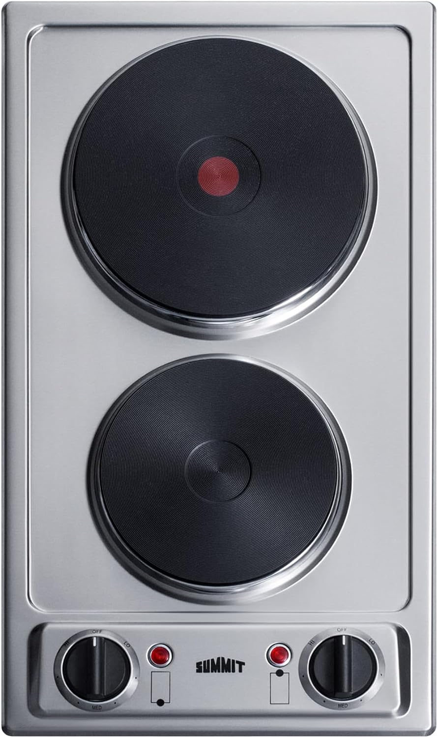 Summit 12' 2 Burner Electric Cooktop 230 Volt Solid Disk Cooktop, ADA compliant, Stainless Steel, Cast Iron- CSD2B230