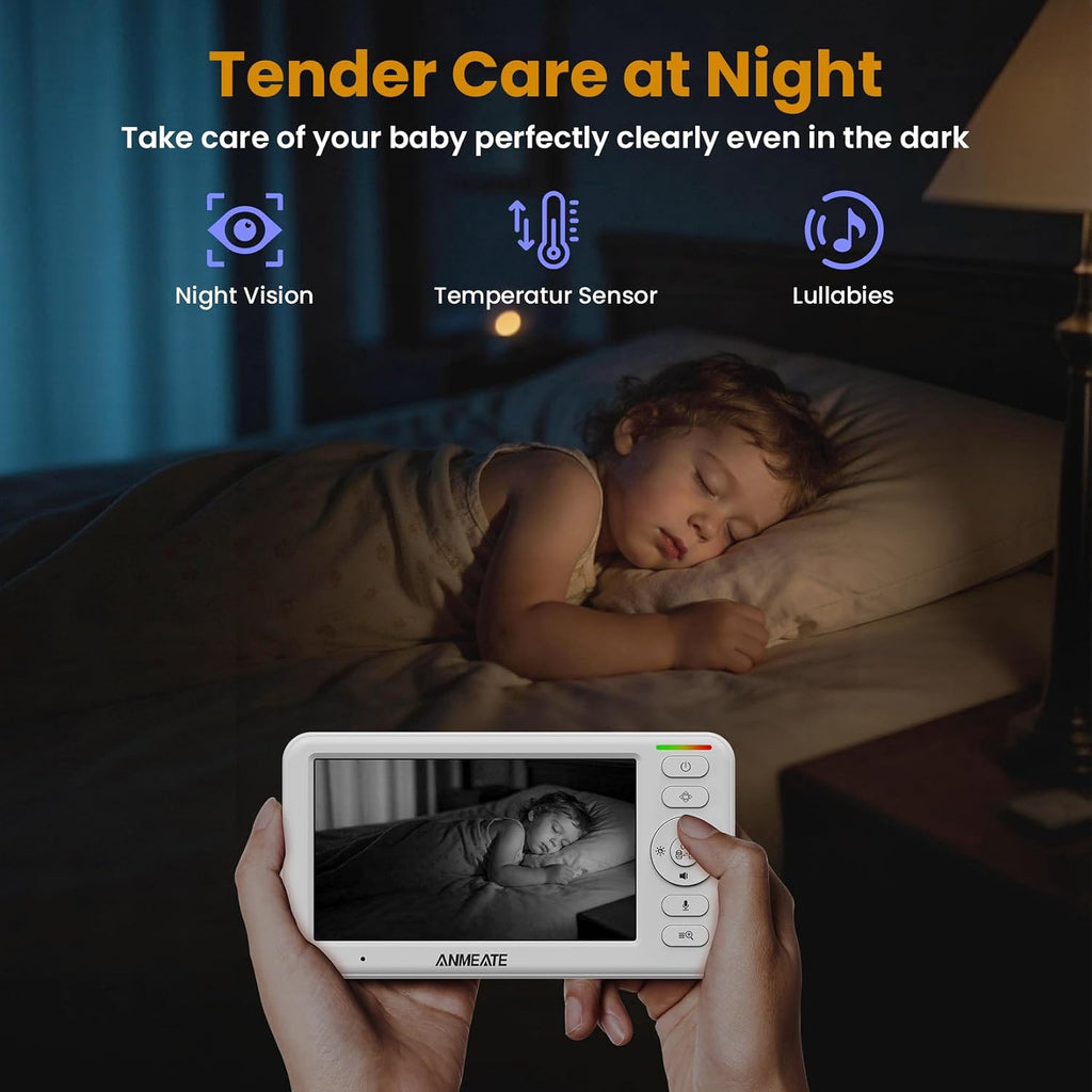 ANMEATE 5' Split Screen Baby Monitor with 2 Cameras, No WiFi Secure FHSS, Remote PTZ, 1000ft Range, 30-Hour Battery, Auto Night Vision, Room Temperature, Two-Way Audio Intercom