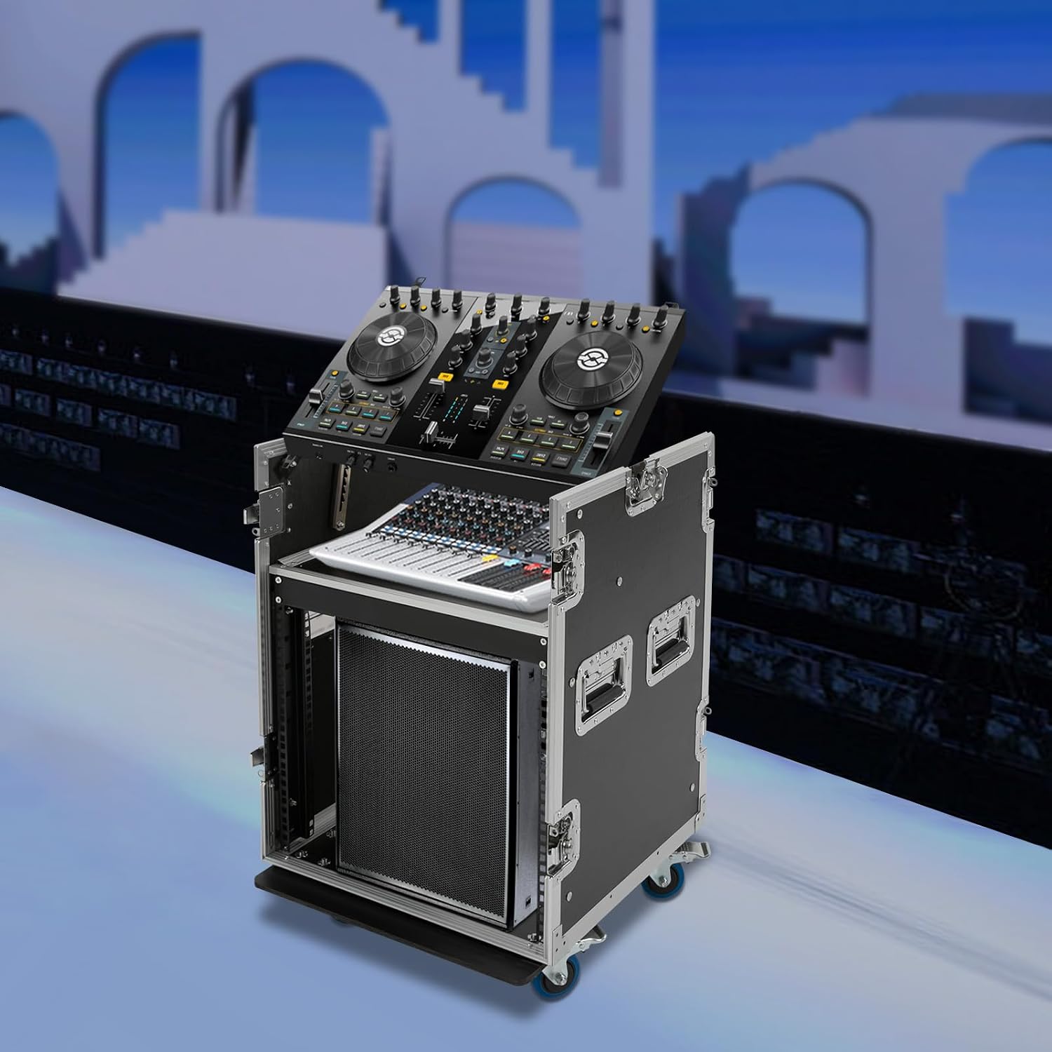 PA DJ Rack, 10U Road Case with 4 Universal Rubber Wheels, Audio Rack for studios, home theatres, KTVs