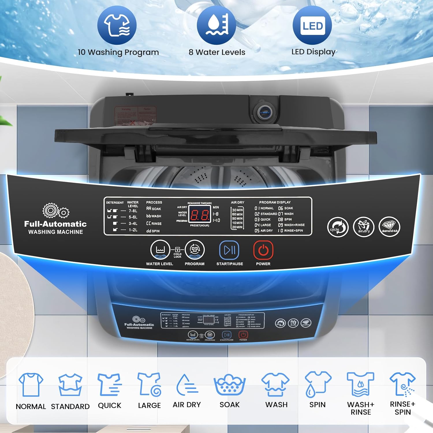 Nictemaw Portable Washing Machine 17.8 lbs, 2.4 Cu.Ft Full-Automatic Washer with Drain Pump, 10 Programs & 8 Water Levels, Efficient Compact Laundry Washer for Small Homes, Apartments, RVs, Dorms