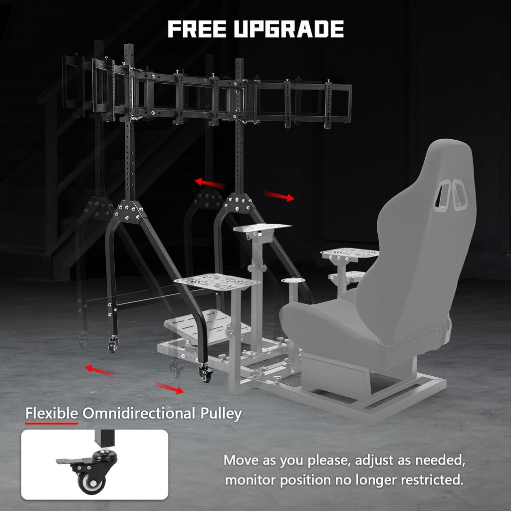Dardoo Triple Monitor Stand with Brake Casters – Ergonomic Height/Tilt/Spacing Adjustment for 27 to 32 inch Monitors, Gaming Workstation Setup