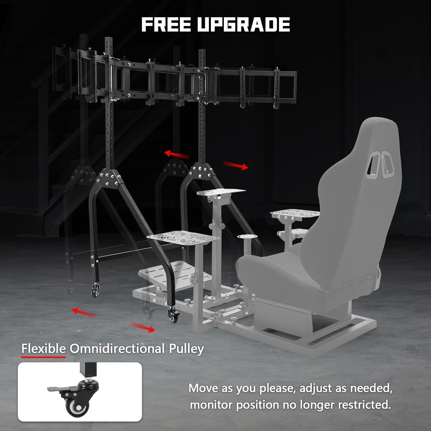 Dardoo Triple Monitor Stand with Brake Casters – Ergonomic Height/Tilt/Spacing Adjustment for 27 to 32 inch Monitors, Gaming Workstation Setup