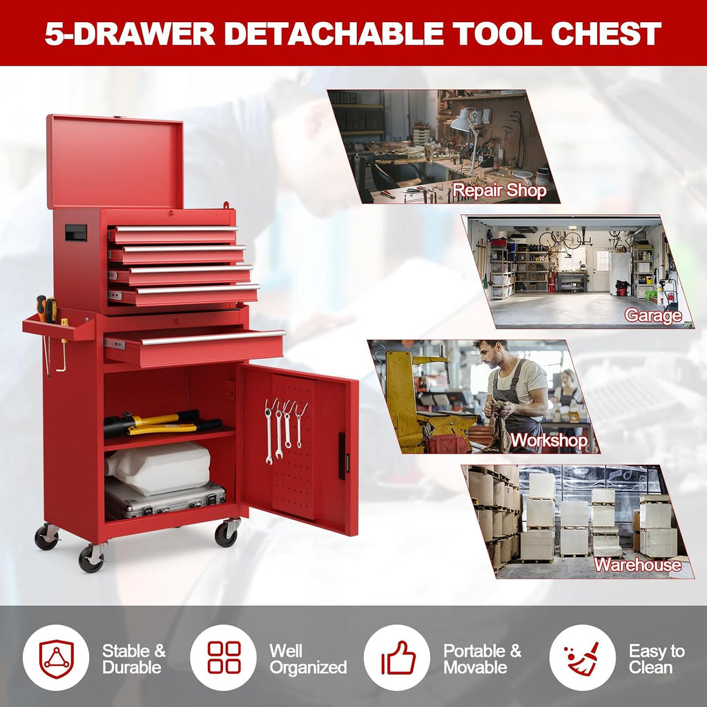 IRONMAX Rolling Tool Chest, 5-Drawer Lockable Tool Cabinet w/Adjustable Shelf & 4 Universal Wheels, 2 in 1 Detachable Tool Box Storage Organizer for Garage Workshop Repair Shop, Red
