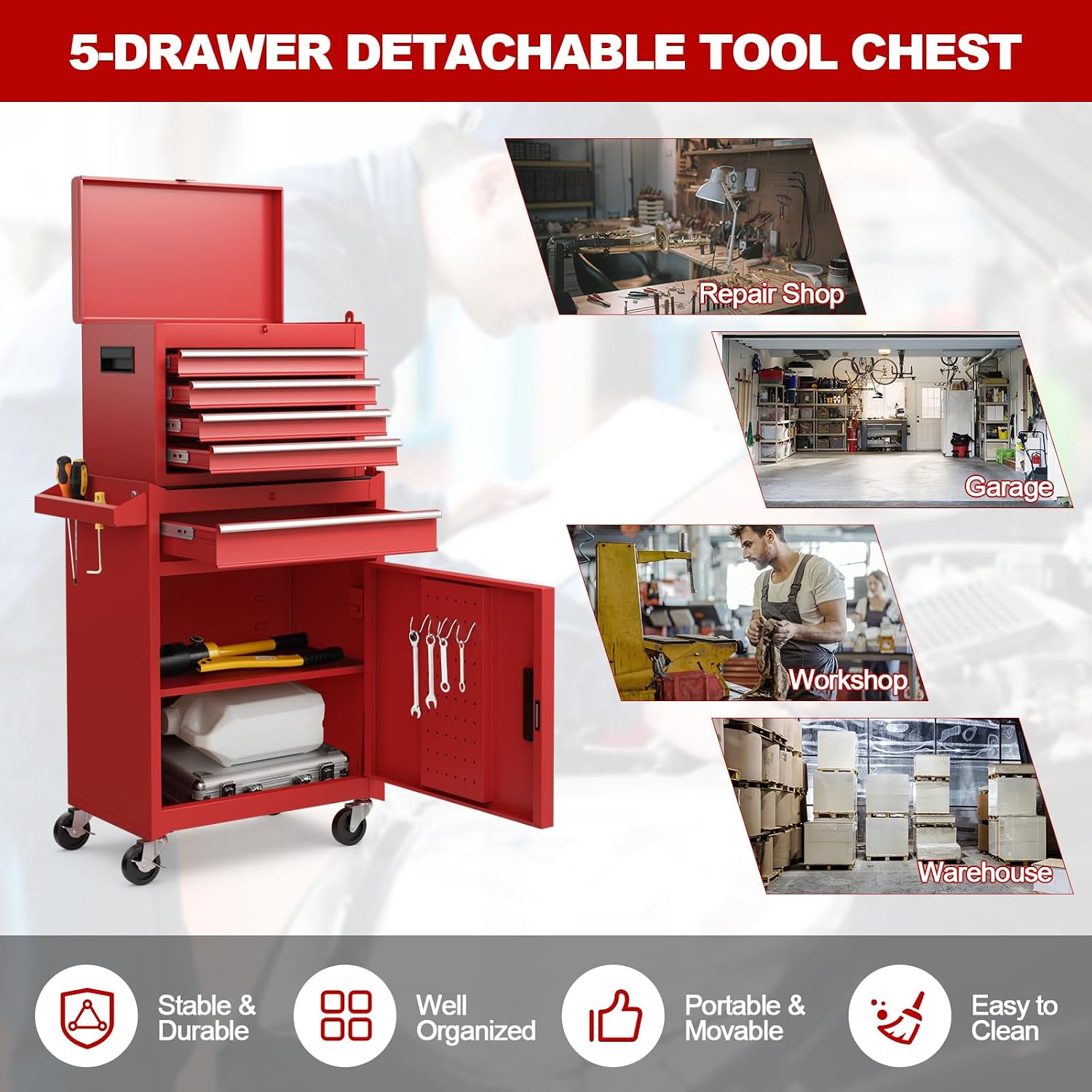 IRONMAX Rolling Tool Chest, 5-Drawer Lockable Tool Cabinet w/Adjustable Shelf & 4 Universal Wheels, 2 in 1 Detachable Tool Box Storage Organizer for Garage Workshop Repair Shop, Red