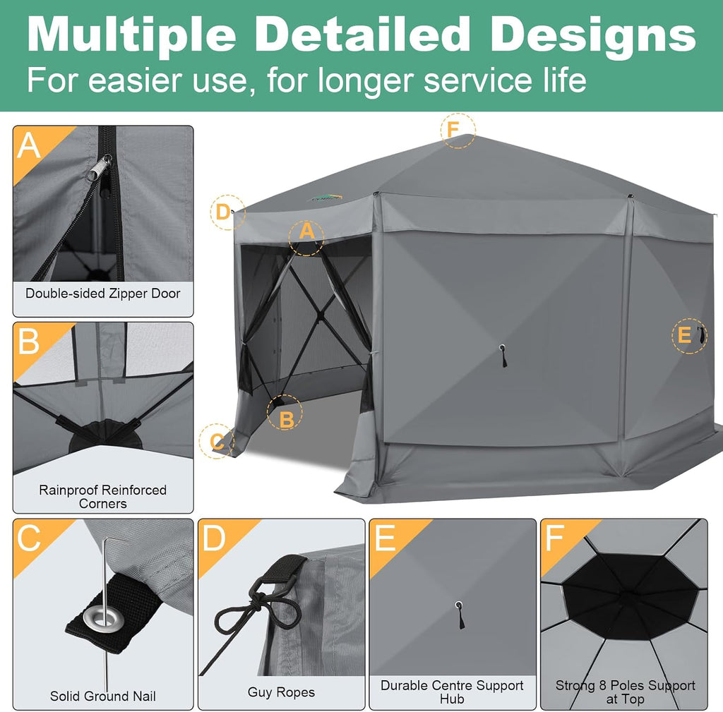 COBIZI 15x15 FT Pop Up Gazebo - Canopy Tent, Large Gazebos On Clearance with Sidewalls, Screened in Gazebo,carpas para Patio,Portable Screen Tents for 12-15 Persons Outdoor Camping, Backyard, Gray