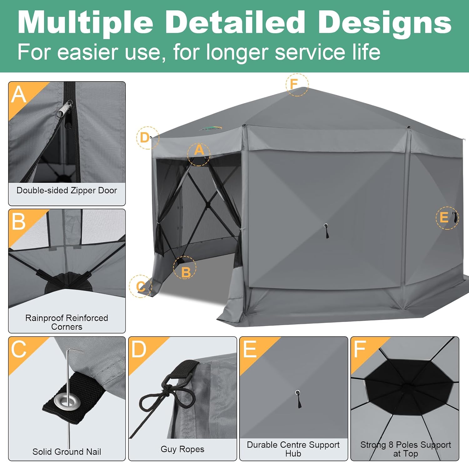 COBIZI 15x15 FT Pop Up Gazebo - Canopy Tent, Large Gazebos On Clearance with Sidewalls, Screened in Gazebo,carpas para Patio,Portable Screen Tents for 12-15 Persons Outdoor Camping, Backyard, Gray