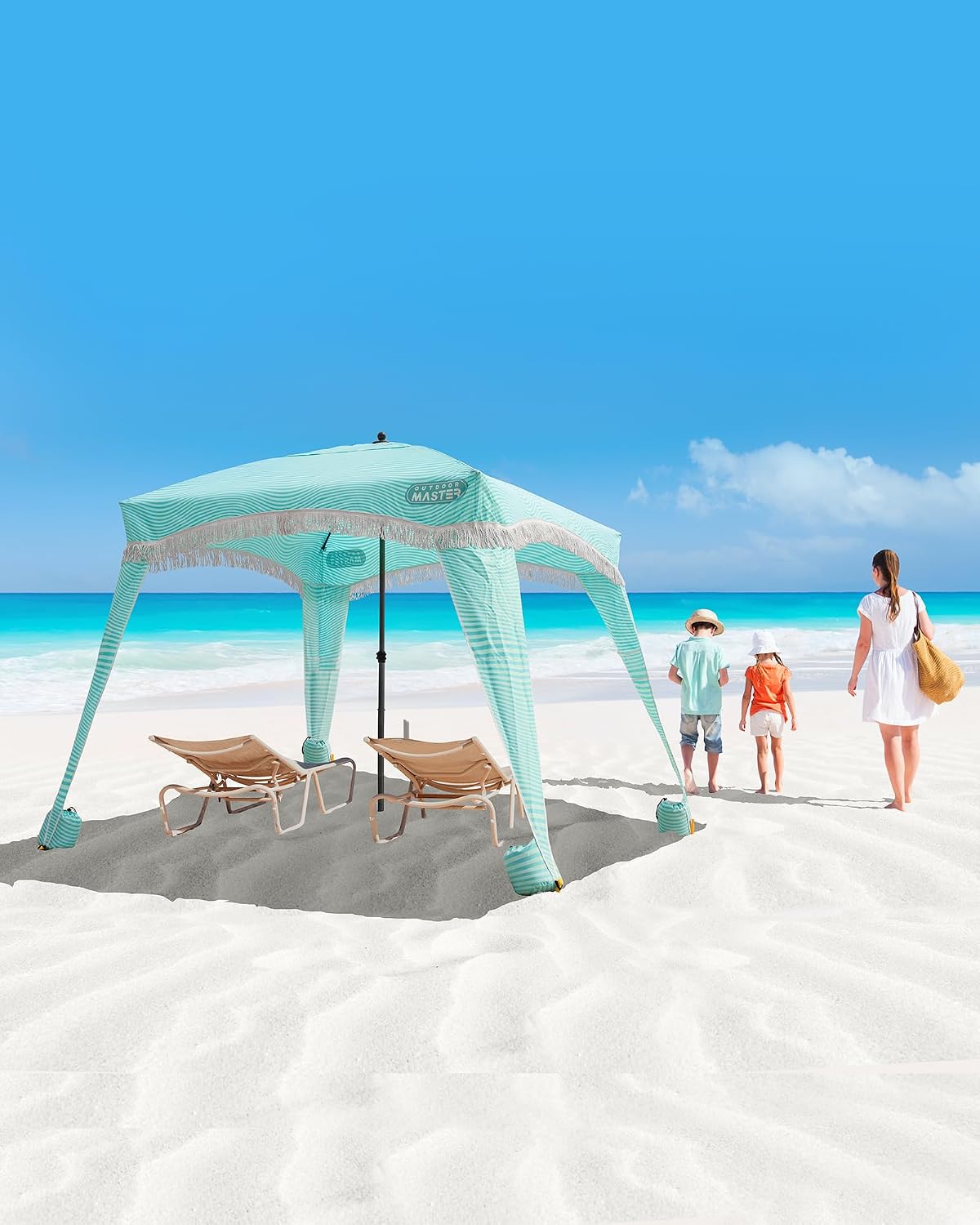 OutdoorMaster Beach Cabana with Fringes, Portable 6' x 6' Beach Canopy for Sand, Easy Set Up Beach Shelter, Included Side Wall, UPF 50+ UV Protection Sun Umbrella - for Family & Friends