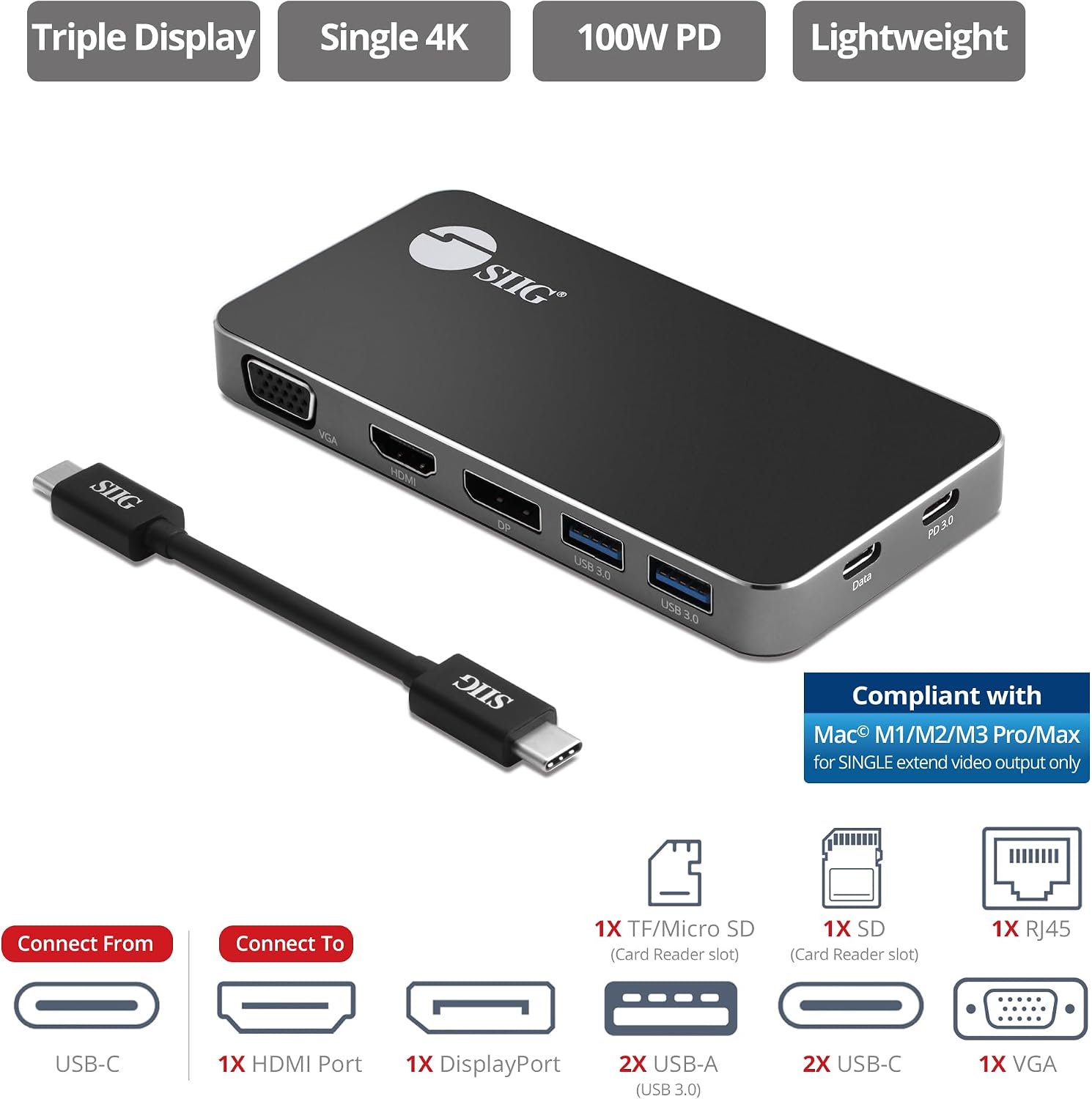 SIIG 4K USB-C MST Laptop Docking Station Thunderbolt 3 Compatible with 100W PD Supports Windows & Chromebooks, Mac M1/M2/M3 Pro/Max for Single Extend Video Output only